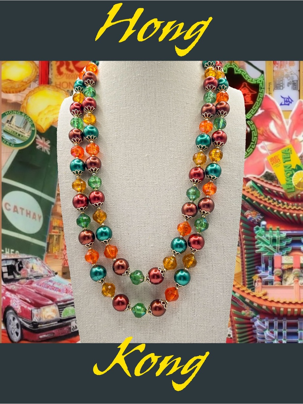 Midcentury Hong Kong Multicolor Bead Double Strand Necklace
